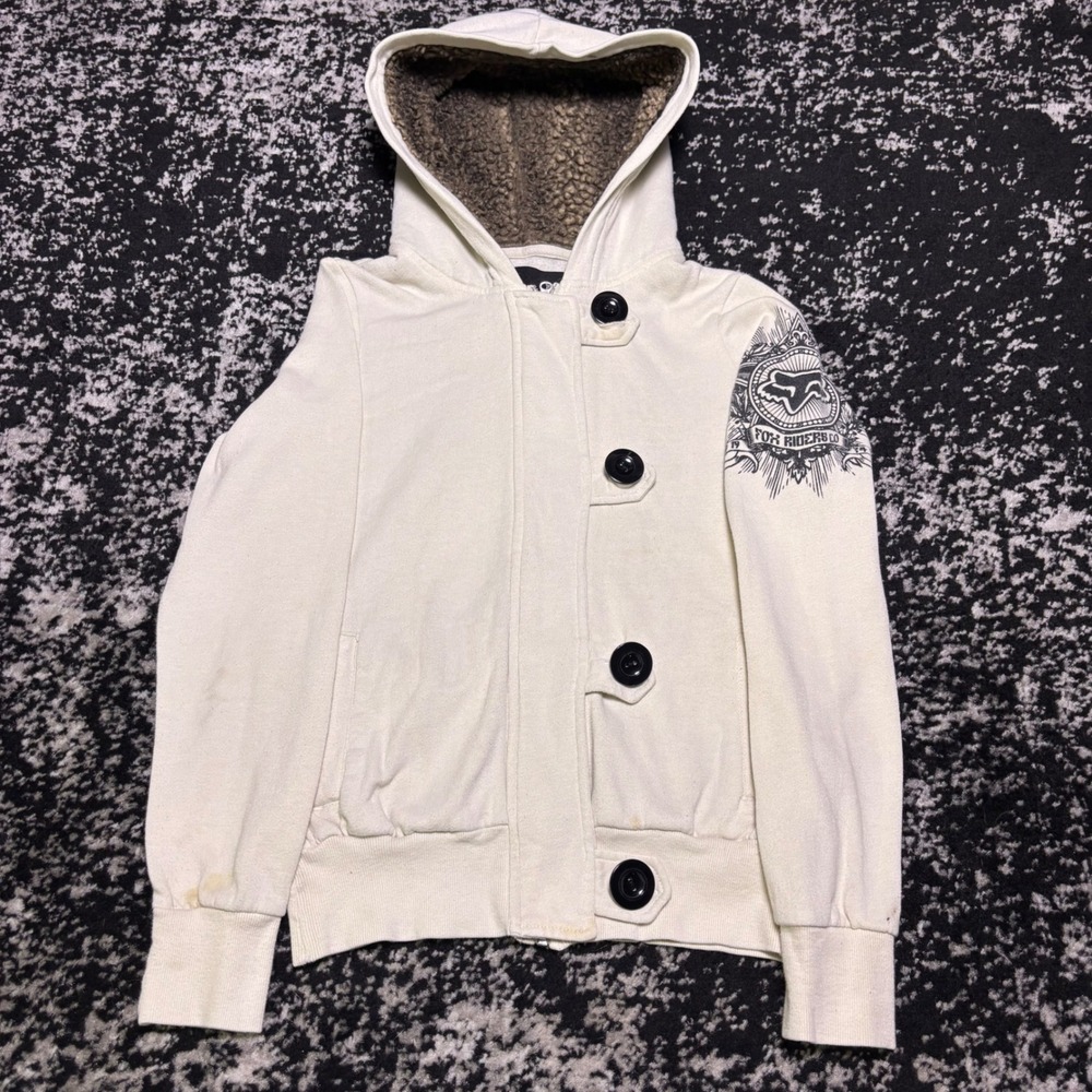 Fox Racing Women Y2K Sherpa Lined Hoodie Cream Button Zip Graphic Sweatshirt M